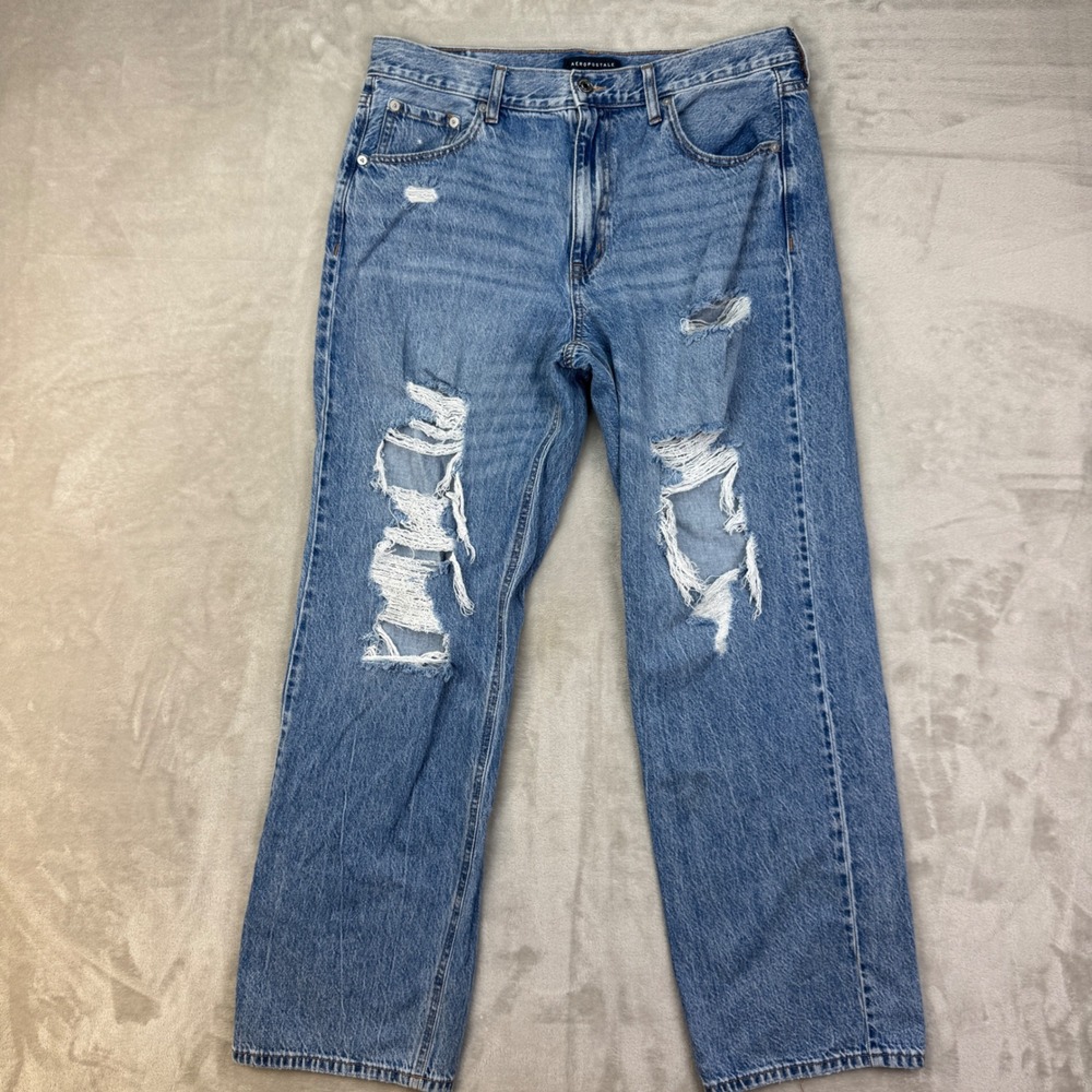 Aeropostale Jeans Womens 14 Blue High Rise Baggy Distressed 90s Wideâ Leg Mom